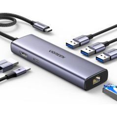 6in1 HUB adapteris USB-C - 3x USB-A 3.0 / HDMI / RJ45 / USB-C PD - pilkas