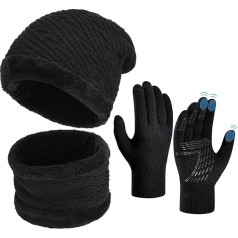 Žiemos kepurės šalikas Touchscreen pirštinių rinkinys - Unisex Beanie megzta kepurė Žiemos šalikas šiltos pirštinės Fleece pamušalas šiltas mezgimo kepurės kilpa neslystantis vyrų slidinėjimo 3-in-1 žiemos rinkinys, juodas 1