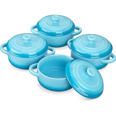 LOVECASA Mažas akmens masės indas, 4 x 380 ml mini puodelis su dangčiu, suflė formos, saugus orkaitėje, suflė puodeliai su rankenėle, suflė, keksiukams, tinkami naudoti mikrobangų krosnelėje ir indaplovėje - mėlynas