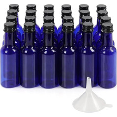 BELLE VOUS maži buteliukai mėlynos spalvos (24 vnt.) - 50 ml plastikinis daugkartinio naudojimo užsukamas dangtelis - tušti maži šnapso buteliukai su juodu dangteliu ir piltuvėliu - likerio mini buteliukai spiritiniai gėrimai