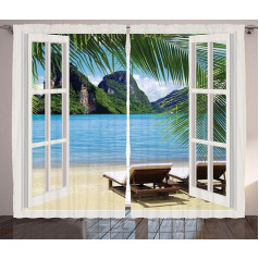 ABAKUHAUS Paplūdimio kaimiška užuolaida, palmės ir jūra Vasara, gyvenamasis kambarys Universalios juostinės užuolaidos su kilpomis ir kabliukais, 280 x 225 cm, baltai žalia