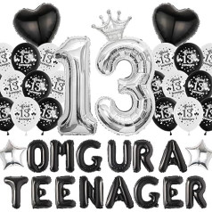 13 Geburtstag Dekorationen für Jungen Mädchen - Schwarz Silber Luftballons Omg Ur a Teenager Banner, Herz Krone Nummer 13 Folienballon für Teen Boy 13th Party Supplies