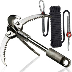 QUADPALM Grappling-Haken und schwarzes Seil, 10 m, multifunkcinis, strapazierfähig, Survival-Haken, 2 Verschlusskarabiner, 4 Edelstahl-Klappkrallen, Survival-Ausrüstung, Outdoor, Camping, Wandern