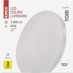 EMOS TORI ZM4325 LED lubinis šviestuvas, 36 W, skirtas naudoti lauke ir viduje, ryškumas 3800 lm, neutralus baltas 4000 K, lubinis šviestuvas prieškambario, vonios kambario, virtuvės, balkono, terasos, apvalus, skersmuo 40 cm, baltas