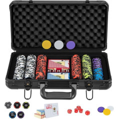 HOMASIS pokerio rinkinys su 300 lazerinių žetonų, pokerio dėklas su 2 kortų kaladėmis, 5 kauliukais, 3 dalintojo mygtukais, rakinamas aliuminio pokerio dėklas su 2 raktais, pilnas pokerio rinkinys vakarėliams, kazino (300 žetonų)