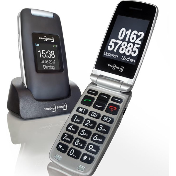 MB 100 mobilusis telefonas dideliais klavišais vyresnio amžiaus žmonėms, pilkas atlenkiamas mobilusis telefonas su fotoaparatu, pagalbos iškvietimo mygtuku, kalbėjimo klaviatūra ir LED lempa