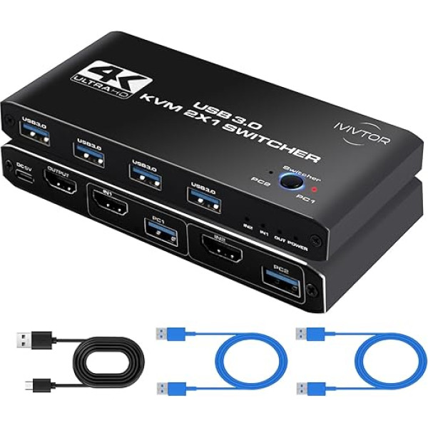 HDMI 3.0 KVM jungiklis 4K - 4 prievadų USB 3.0 HDMI KVM jungiklis 2 kompiuteriams, 1 monitoriui - 2 kompiuteriai dalijasi klaviatūra, pele, spausdintuvu, diskiniu kaupikliu ir vienu HD monitoriumi - yra 2 USB 3.0 kabeliai