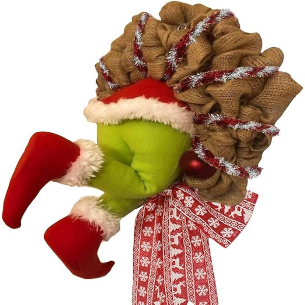 Gintdinpu Grinch Kalėdų pliušinis vainikas, Kalėdų vagis pavogė hesiano vainiką, Elfo kūnas hesiano poza-įgalintas pliušinių kojų dekoracijos arkos vainikas, juokingas Kalėdų Senelio žiemos vainikas