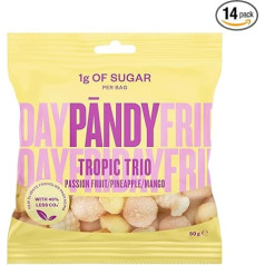 PÄNDY Tropic Trio Low Carb Saldainiai - sveiki saldumynai - pasiflorų vaisiai, tik 1 g cukraus ir 85 kalorijos, 14 × 50 g - guminukai be cukraus