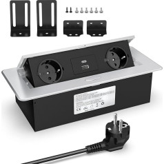 Ištraukiamas kištukinis lizdas su USB C 20 W, stalinis kištukinis lizdas, įmontuotas kištukinis lizdas, 2 skyriai ir USB A, aliumininis ištraukiamas maitinimo elementas su USB, stalinis įleidžiamas kištukinis lizdas, 2500 W/10 A, 1,8 m kabelis HA