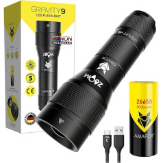 AMAFOX G9 - Xenon Megabeam aukštos kokybės LED žibintuvėlis, įkraunamas - juodas - itin ryškus taktinis LED žibintuvėlis su USB C ir 26650 baterija