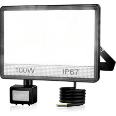 YIQIBRO 100 W LED prožektorius su judesio jutikliu lauke, 2-in-1 PIR LED prožektorius, 10000 LM, itin ryškus lauko prožektorius, 7000 K Cool White LED prožektorius, IP67 vandeniui atsparus lauko apšvietimas