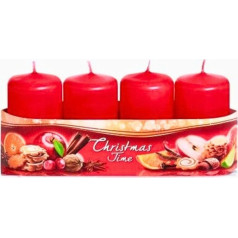4 stulpinių žvakių rinkinys, advento vainiko žvakės, advento raudonos spalvos, obuolių - migdolų su cinamono lazdele ir citrina, 4 vnt., degimo trukmė apie 10 val., dydis V / skersmuo apie 7 x 4 cm