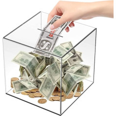 LYPPUL Clear Acrylic Money Box 4,7 x 5 colių kvadratinė pinigų dėžutė suaugusiems ar vaikams Break Open Money Box, skirta taupyti pinigus ar monetas
