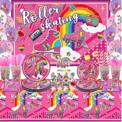 LSJDEER Roller Skate Party Supplies - Roller Skate Birthday Party Decorations Include Happy Birthday Background, Cake Toppers, Plates, Cups, Napkins, Table Cloth