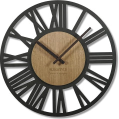 FLEXISTYLE Didelis suaugusiųjų sieninis laikrodis 50 cm skersmens Palėpė Retro medinis ąžuolinis laikrodis be tiksėjimo garsų Gyvenamasis kambarys (juodas/ ąžuolinis)