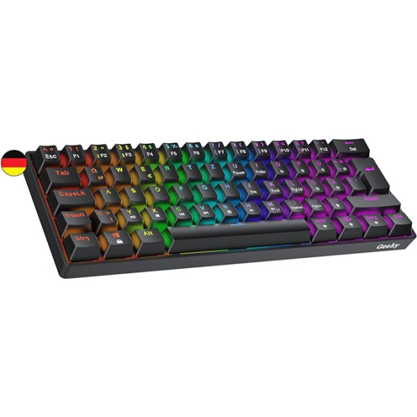 Geeky GK61 60% | Mechaninė žaidimų klaviatūra | 62 klavišai su įvairiaspalviu RGB LED apšvietimu, skirta PC/Mac žaidėjams| ISO DE Qwertz German (juoda, mechaninė, geltonos spalvos)