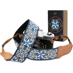 Padwa Lifestyle Blue Flower Camera Strap - 2 colių pločio Vintage siuvinėti medvilniniai fotoaparato dirželiai su karvės odos galais, gali būti naudojami kaip visų fotoaparatų dirželis, žiūronų dirželis ir drono nuotolinio valdymo pultas