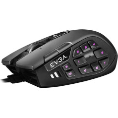 EVGA X15 MMO žaidimų pelė, 8K, laidinė, juoda, pritaikoma, 16 000 DPI, 5 profiliai, 20 mygtukų, ergonomiška 904-W1-15BK-K3