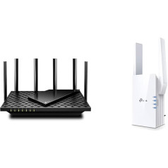 TP-Link Archer AX73 Wi-Fi 6 Gigabitinis WLAN maršrutizatorius (4804 Mbps 5 GHz, 574 Mbps 2,4 GHz) Juodas ir RE605X Dviejų dažnių Gigabitinis WLAN retransliatorius (1200 Mbps 5 GHz ir 574 Mbps 2,4 GHz) Baltas WiFi 6