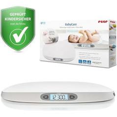 reer BabyCare Kūdikių svarstyklės Ergonomiškos svarstyklės naujagimiams / kūdikiams 25 kg maksimalus svoris Integruota matavimo juostos laikymo ir taros funkcija Apšviestas LCD ekranas 5 g tikslumas
