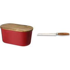 ECHTWERK Šviežios duonos dėžė iš melamino su dangčiu ir pjaustymo lentele, pagaminta iš akacijos medienos, skirta 1 kg duonos, raudona, klasikinė versija, ašmenų ilgis 20 cm