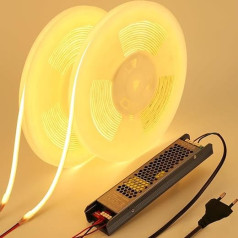 BENLUN 24 V COB LED juostos difuzinė 20 m (10 m x 2), LED juosta 3000 K šiltai balta lauko pieno balta silikoninė vandeniui atspari LED juosta lauke 11 W/M CRI 93 su maitinimo šaltiniu, skirta kambarių apdailai