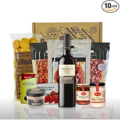Ispaniškas gurmaniškas dovanų krepšelis: Pata Negra, Baron de Ley Reserva ir kiti patiekalai: Iberijos kumpis, chorizo, Pata Negra, Baron de Ley Reserva ir kiti patiekalai