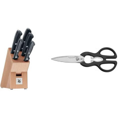 WMF Classic Line peilių blokas su 6 peilių rinkiniu ir virtuvės žirklėmis 21 cm, buitinės žirklės su pjūkleliu, virtuvės žirklės, nerūdijantis plienas, plastikinė rankena, universalios žirklės su butelių atidarytuvu