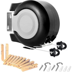 Ausziehbare Wäscheleine, 30 m lang, ausziehbare Wäscheleine, robuster Kunststoff und PVC, idealiai tinka vidinei ir išorinei erdvei, Schwarz