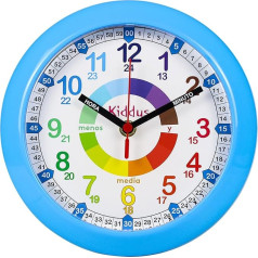 KIDDUS ESPAÑOL Azul Vaikiškas sieninis laikrodis Analoginis laiko mokytojas su laiko mokymosi pratimais. Tylusis laikrodis. Daug kalbų