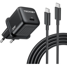 Tecknet 30 W USB-C įkroviklio kištukas, su 2 m ilgio C tipo įkrovimo kabeliu, turintis GAN III greito įkrovimo ir nešiojamo kompaktiškumo funkciją, tinkamas iPhone/iPad/Mac/Samsung Galaxy/Google mobiliesiems telefonams