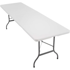 XXL sulankstomas stovyklavimo vakarėlių stalas su rankenomis, 244 x 75 cm, atsparus oro sąlygoms, išlaiko iki 150 kg svorį, tvirtas, skirtas 10 žmonių, sveria 21 kg, baltos spalvos