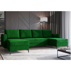 Easy4You Kampinė sofa žalia Jord U formos - 303 x 94 x 145 cm - sofa lova su miegamojo lova ir miego funkcija - kampinė sofa su daiktadėže, metalinėmis kojelėmis ir pagalvėlėmis - audinys Manila 35