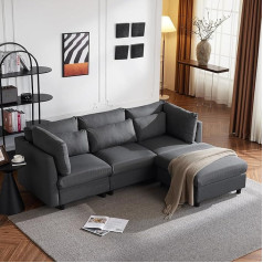 Drixno L formos sofa su miego funkcija, 3 vietų sofa, svetainės sofa su šezlongu, kampinė sofa su atramomis kojoms, jaunimo sofa, tamsiai pilka