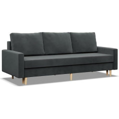 Mebligo - Sofa su miego funkcija ir lovos dėžės užvalkalu, 3 vietų sofa 212 cm pločio, sofa lova, išskleidžiama sofa ant medinių kojų, sofa svetainė, sofa lova - sofa tamsiai pilka