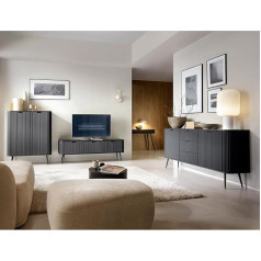 Gyvenamasis kambario komplektas Juodas grioveliais su grioveliais Konsolinis stalas Sideboard Highboard Lowboard Kojos Metalinės juodos spalvos
