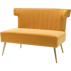 Hulala Home Aksominė minkšta sofa be porankių, moderni dviejų vietų sofa su auksinėmis metalinėmis kojomis, skirta svetainei, mažiems namų kambariams, geltona