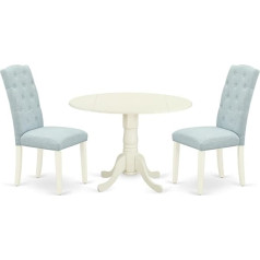 East West Furniture DLCE3-WHI-15 Šiuolaikinis valgomojo komplektas 3 dalių šviesiai mėlyno lino audinio minkštasuoliai su sagomis Baltos spalvos medžio masyvo medžio masyvo 
