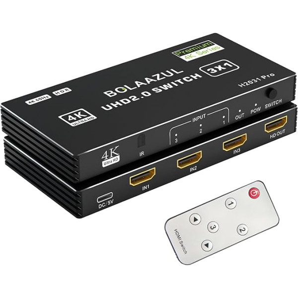 BolAAzuL HDMI jungiklis 3 in 1 išvesties 4K@60Hz HDMI į HDMI prievado plėstuvas HDMI šakotuvas Vaizdo jungiklis su nuotolinio valdymo pulteliu 3 įvestims Palaiko 3D HDCP2.2 HDR, skirtas PS5/PS4Pro/PS4, 