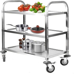 ybaymy 3 lentynos serviravimo vežimėlis Nerūdijančio plieno virtuvės vežimėlis 835 x 750 x 400 mm Valgomojo vežimėlis su stabdžių ratukais Pakrovimo talpa 110 kg Transportavimo vežimėlis Paslaugų vežimėlis Vežimėlis restoranui
