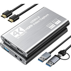 Vaizdo įrašymo kortelė, USB 3.0 įrašymo kortelė 4K HDMI Loop-Out, 1080P 60FPS/2K 30FPS vaizdo žaidimų įrašymas PS5/Switch/Camera/PC