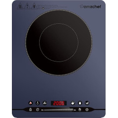 AMZCHEF indukcinė kaitlentė 2000 W Indukcinė kaitlentė su tyliu veikimu (≤42 dB), 9 galios ir temperatūros lygiais, 4 automatiniais meniu, itin plonu korpusu, apsauginiu užraktu, laikmačiu, mėlyna