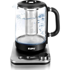 KUPU stiklinis virdulys su temperatūros nustatymu, 1,6 l virdulys, 2200 W greito kaitinimo, stiklinis virdulys su apsauga nuo užvirimo ir išdžiūvimo, palaikymo šiltuoju vandeniu funkcija, automatinio išjungimo funkcija, kalkių nuosėdų filtras, 3