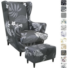 Alishomtll 3 dalių sparno kėdės dangtelis su Osmanų apsauginiu dangteliu Stretch Armchair Throws Elastinis fotelio dangtelis Strandmon Tiger kėdės dangtelis su porankiu Aukštas atlošas Universalus (pilkos spalvos lapai)