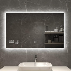 byecold LED vonios veidrodis nuo rūko 100 x 60 cm, vonios veidrodis nuo rūko su jutikliniu jungikliu, sieninis veidrodis su data, išmanusis veidrodis ir integruota meteorologinė stotelė, horizontalus