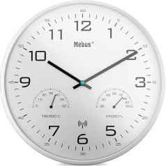 Mebus Modernus radijo sieninis laikrodis su temperatūros ir drėgmės ekranu, 30 cm, radijo bangomis valdomas laikrodis, svetainės, virtuvės laikrodis, Modelis: 52841, spalva: balta