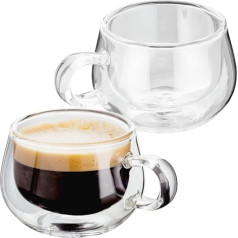 Espressotassen aus Glas Doppelwandige Kaffeegläser mit Henkel - Vakuumisolierte Doppelwandige Gläser, 2er-Set, 75 ml - Kaffee Gläser Set, Kunsthandwerklich Gefertigt - Stabil, Hitzebeständig
