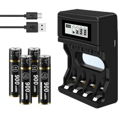 Akumuliatoriaus įkroviklis su AAA baterijomis 4 vnt. - 1,5 V ličio įkraunamos ličio AAA baterijos 900 mWh su 4 x LCD akumuliatoriaus įkrovikliu, skirtu ličio jonų AA AAA baterijoms, Micro USB greitasis įkrovimas