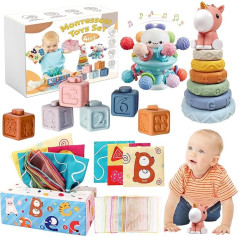 Kūdikių žaislas 6 mėnesiai - 3 metai, 4 in 1 Montessori žaislas kūdikiui, krovimo bokštas kūdikiui, silikoniniai statybiniai blokai, sensorinis žaislas, audinių dėžutė kūdikiui, gimtadienio dovana kūdikiui 6 9 12 mėnesių 1 2 3 metai
